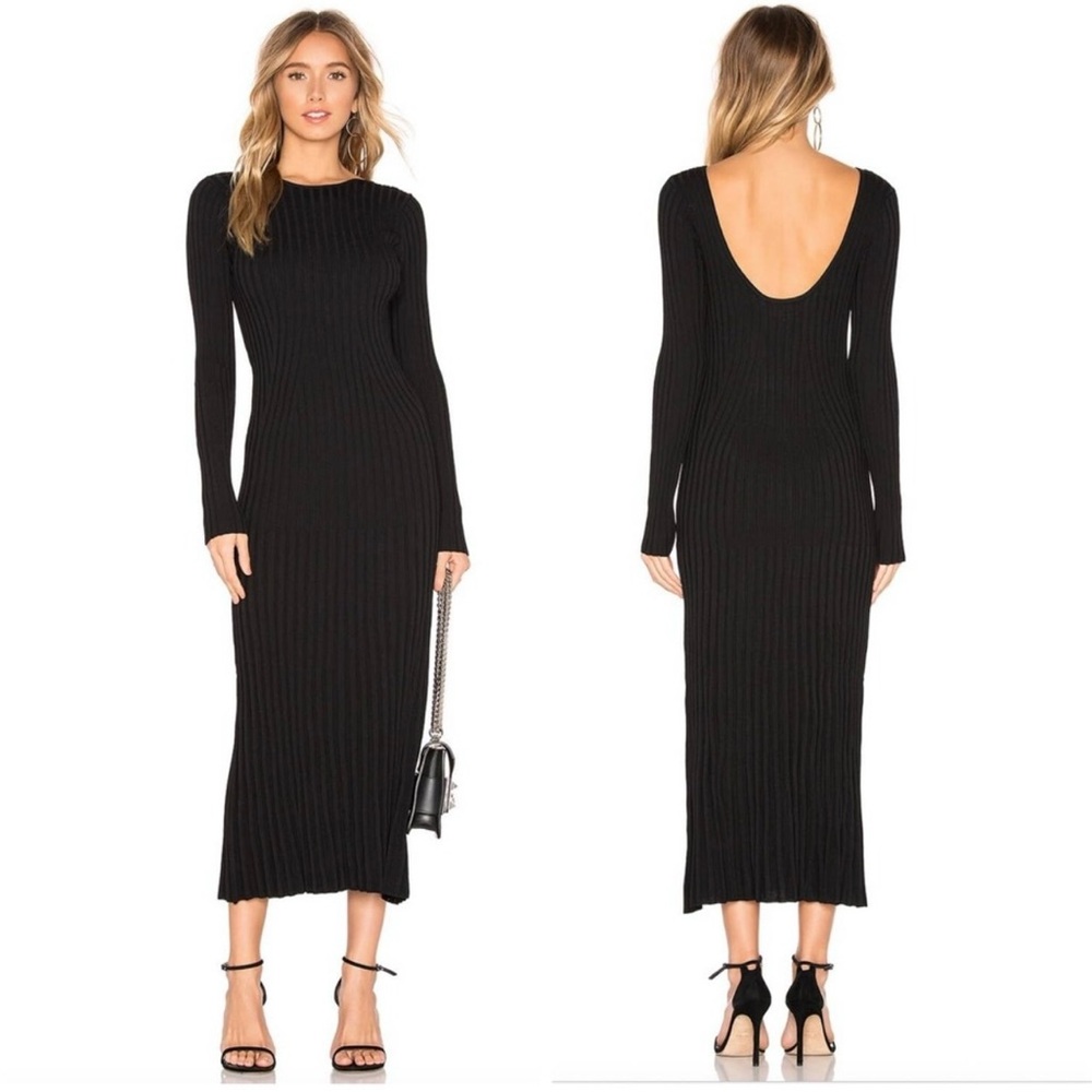 Bardot Ribbed Low Back Black Long Sleeved Body Con Dress Size L